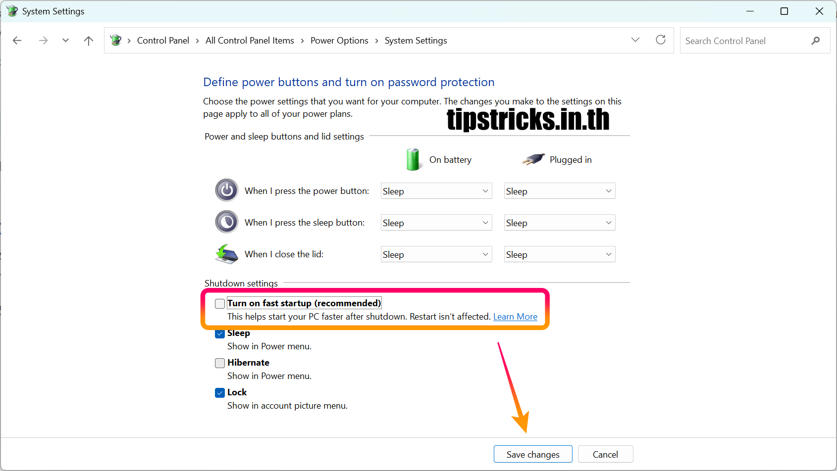 การตั้งค่า Windows 11 เมื่อพับฝาพับโน๊ตบุ๊คเพื่อป้องกันแบตเตอรี่ไหล Turn on fast startup