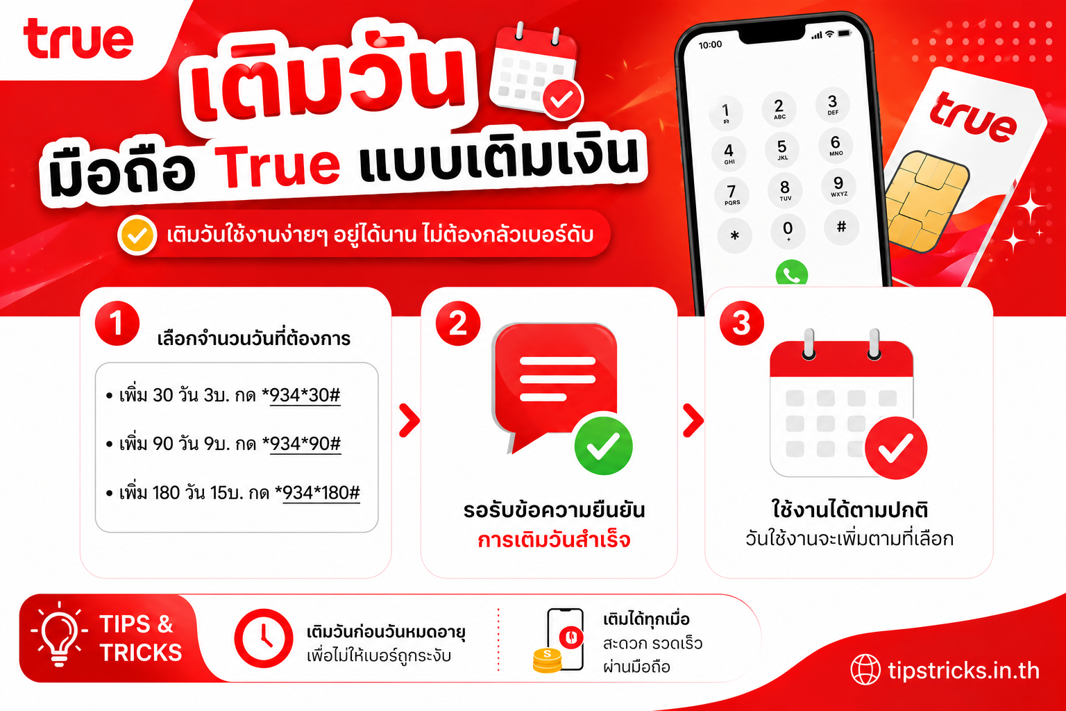 วิธีเติมวันซิมทรูแบบเติมเงิน ปี 2569 เพิ่มวันใช้งาน 30 90 180 วัน ด้วยรหัสกด